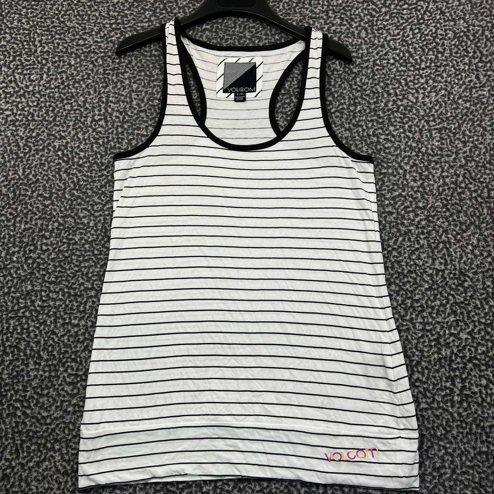 Volcom‎ Shirt Women Large White Black Striped Sleeveless Racerback L